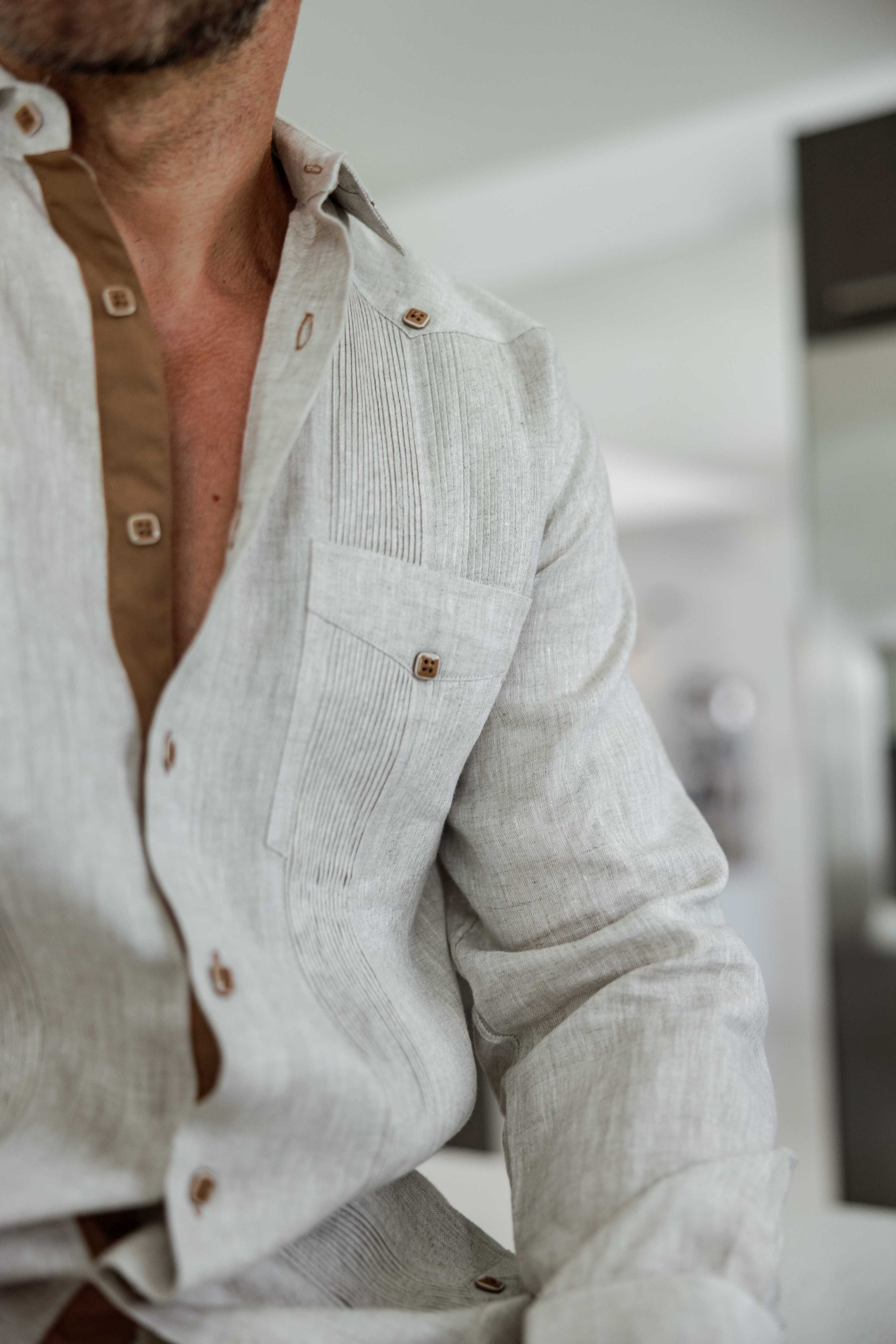 Men's 100% Linen Guayabera Shirt Long Sleeve - Contrast Vertical & Collar Accent Trim