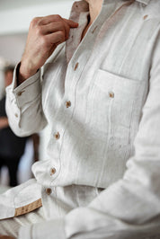 Men's 100% Linen Guayabera Shirt Long Sleeve - Contrast Vertical & Collar Accent Trim