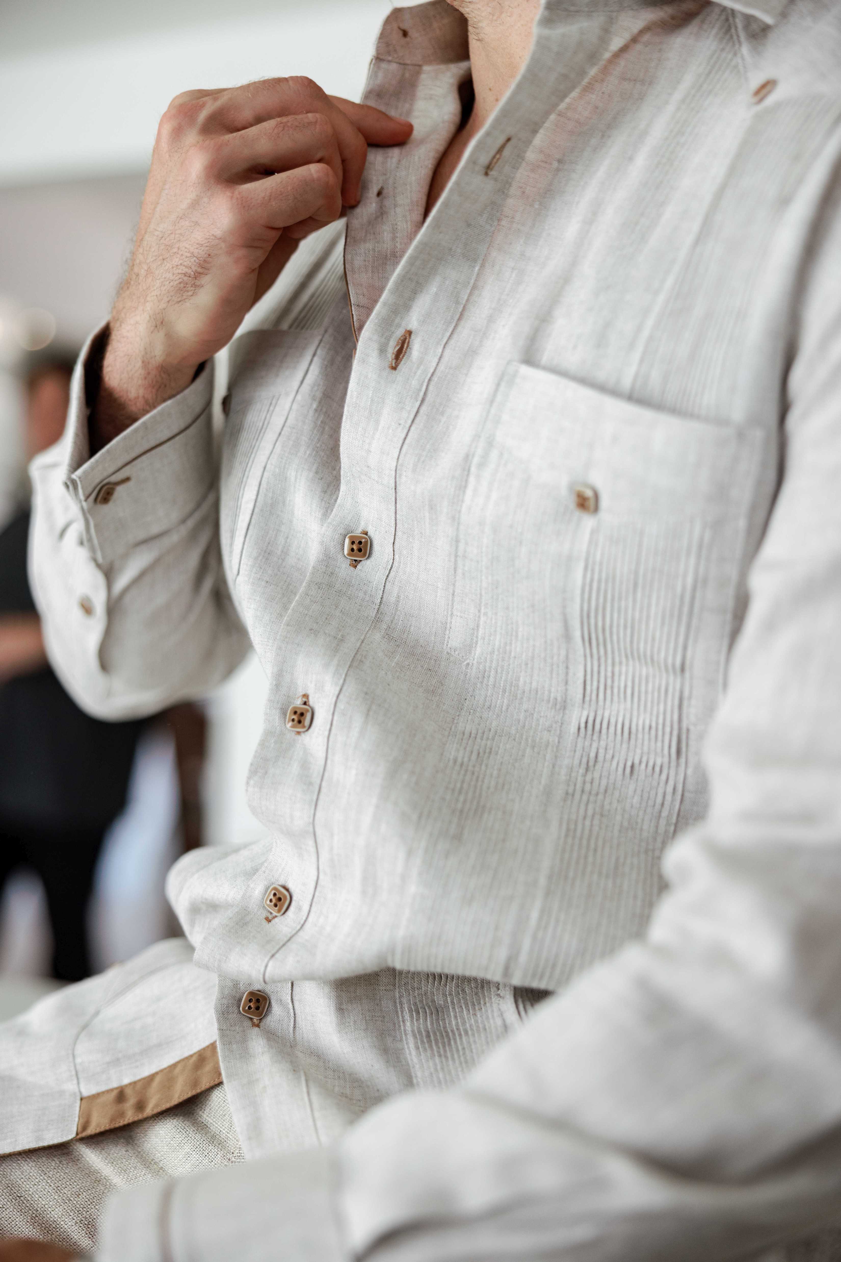 Men's 100% Linen Guayabera Shirt Long Sleeve - Contrast Vertical & Collar Accent Trim