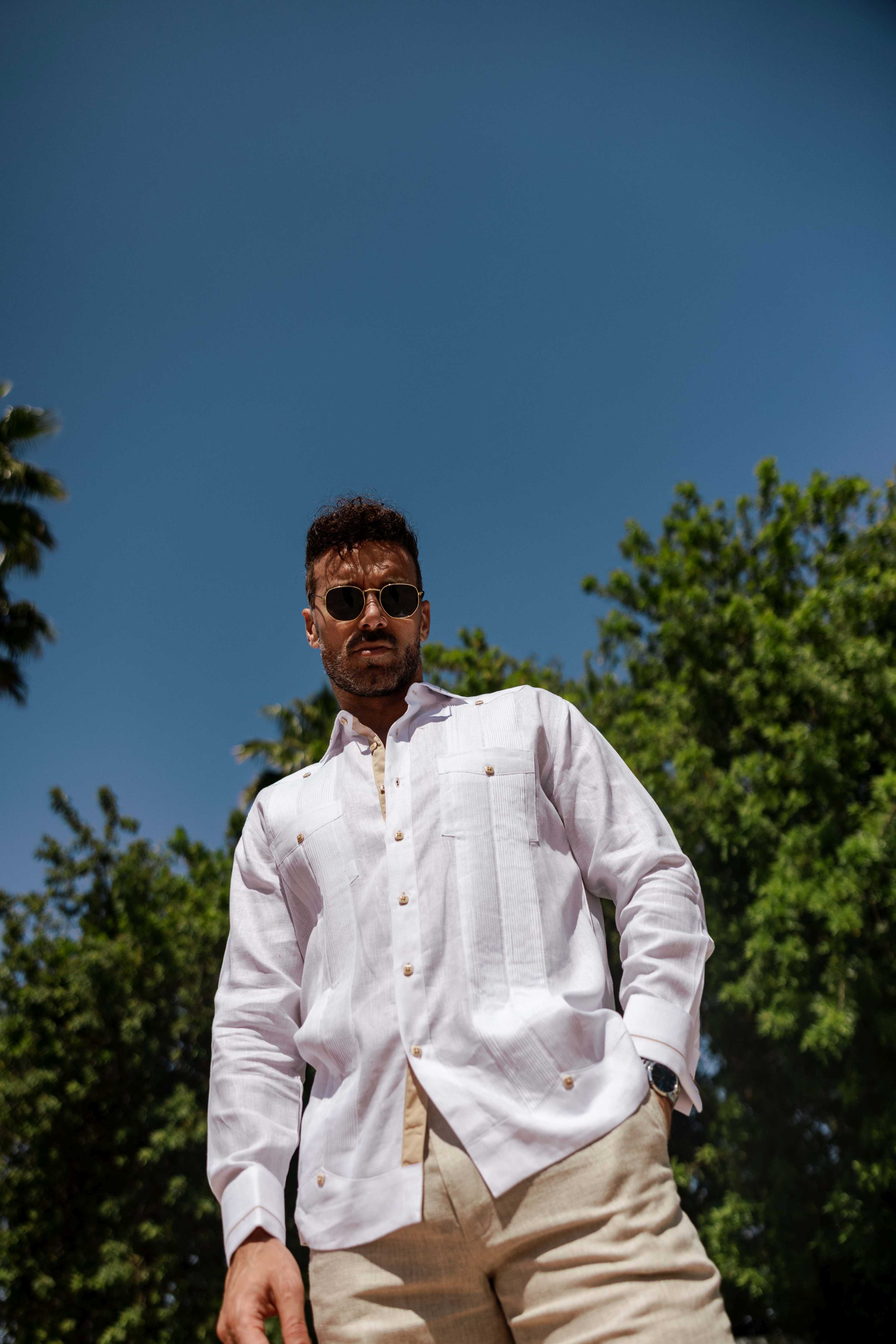 Men's 100% Linen Guayabera Shirt Long Sleeve - Contrast Vertical & Collar Accent Trim