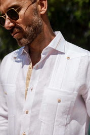 Men's 100% Linen Guayabera Shirt Long Sleeve - Contrast Vertical & Collar Accent Trim