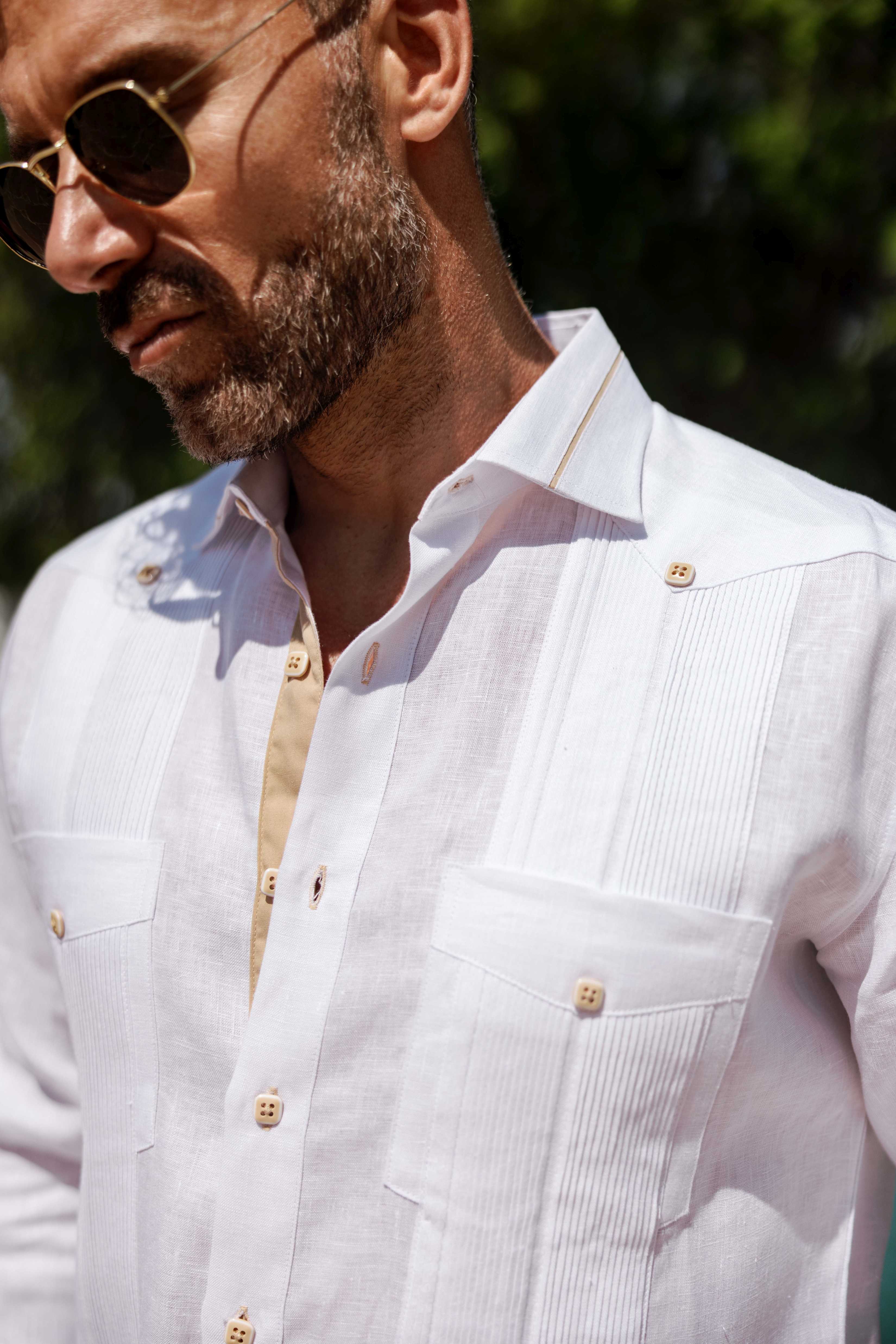 Men's 100% Linen Guayabera Shirt Long Sleeve - Contrast Vertical & Collar Accent Trim