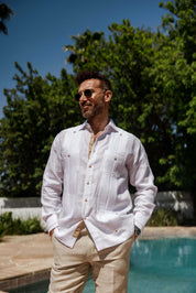 Men's 100% Linen Guayabera Shirt Long Sleeve - Contrast Vertical & Collar Accent Trim