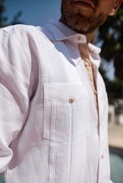 Men's 100% Linen Guayabera Shirt Long Sleeve - Contrast Vertical & Collar Accent Trim