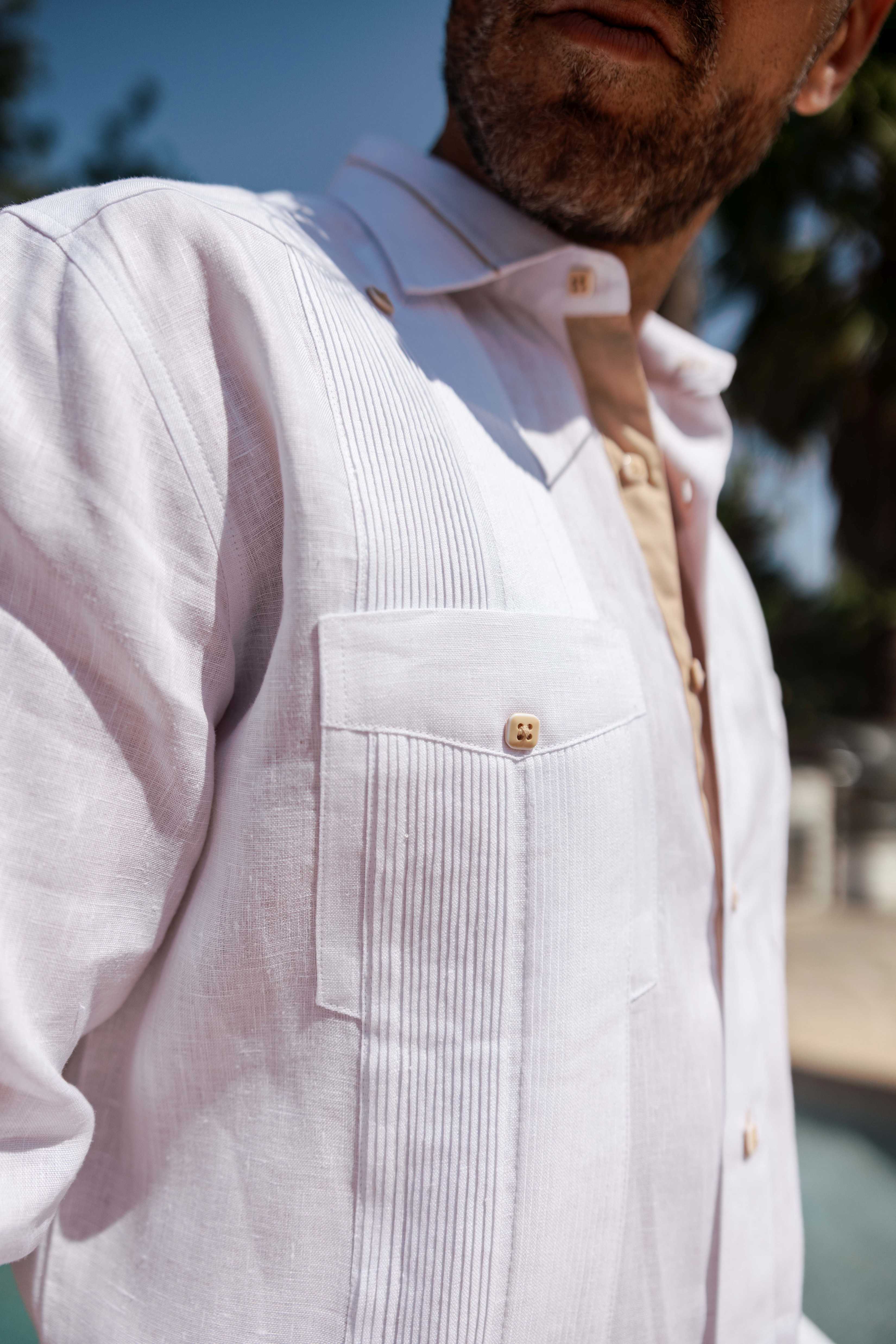 Men's 100% Linen Guayabera Shirt Long Sleeve - Contrast Vertical & Collar Accent Trim