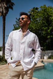 Men's 100% Linen Guayabera Shirt Long Sleeve - Contrast Vertical & Collar Accent Trim