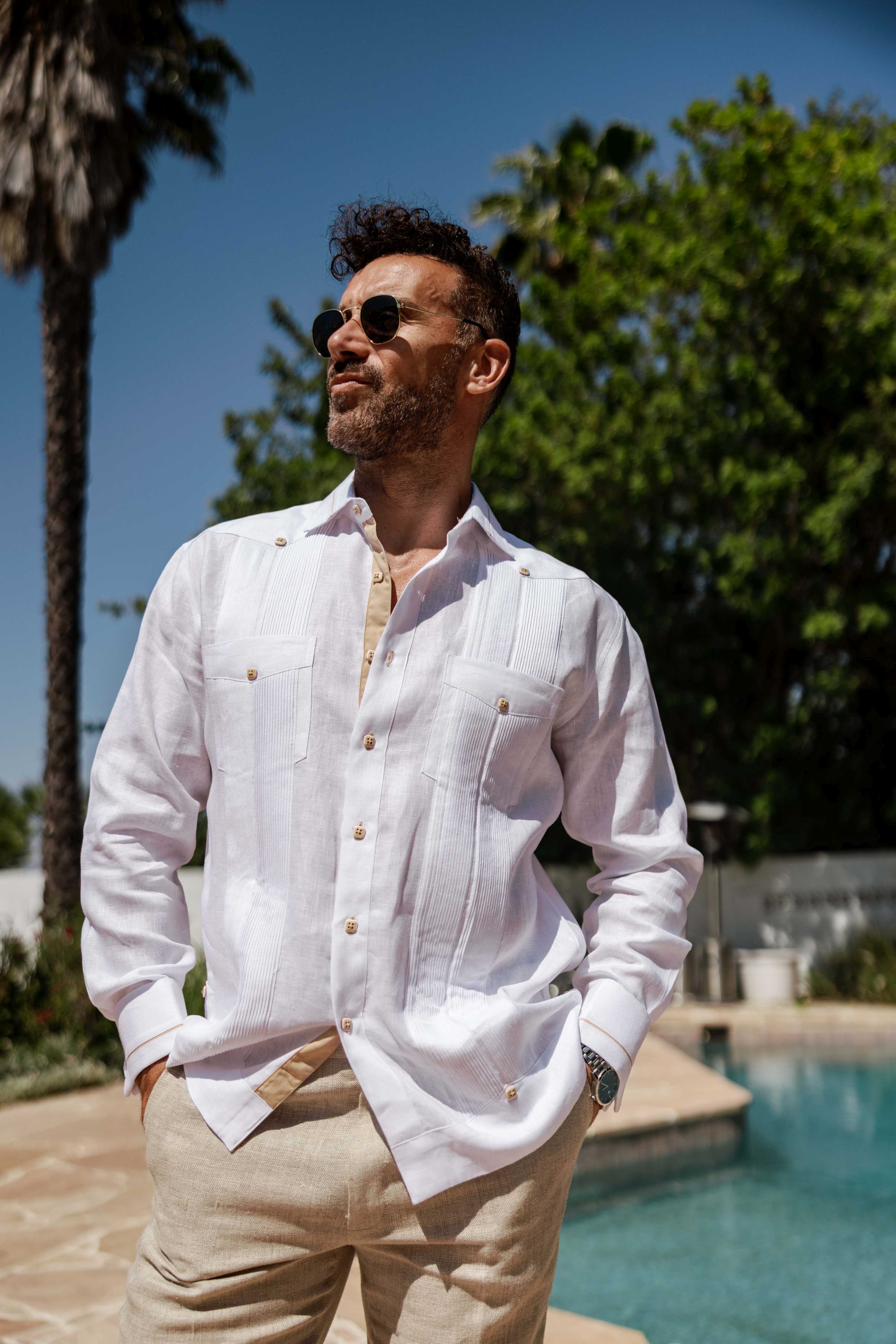 Men's 100% Linen Guayabera Shirt Long Sleeve - Contrast Vertical & Collar Accent Trim