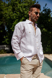 Men's 100% Linen Guayabera Shirt Long Sleeve - Contrast Vertical & Collar Accent Trim