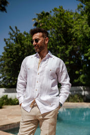 Men's 100% Linen Guayabera Shirt Long Sleeve - Contrast Vertical & Collar Accent Trim