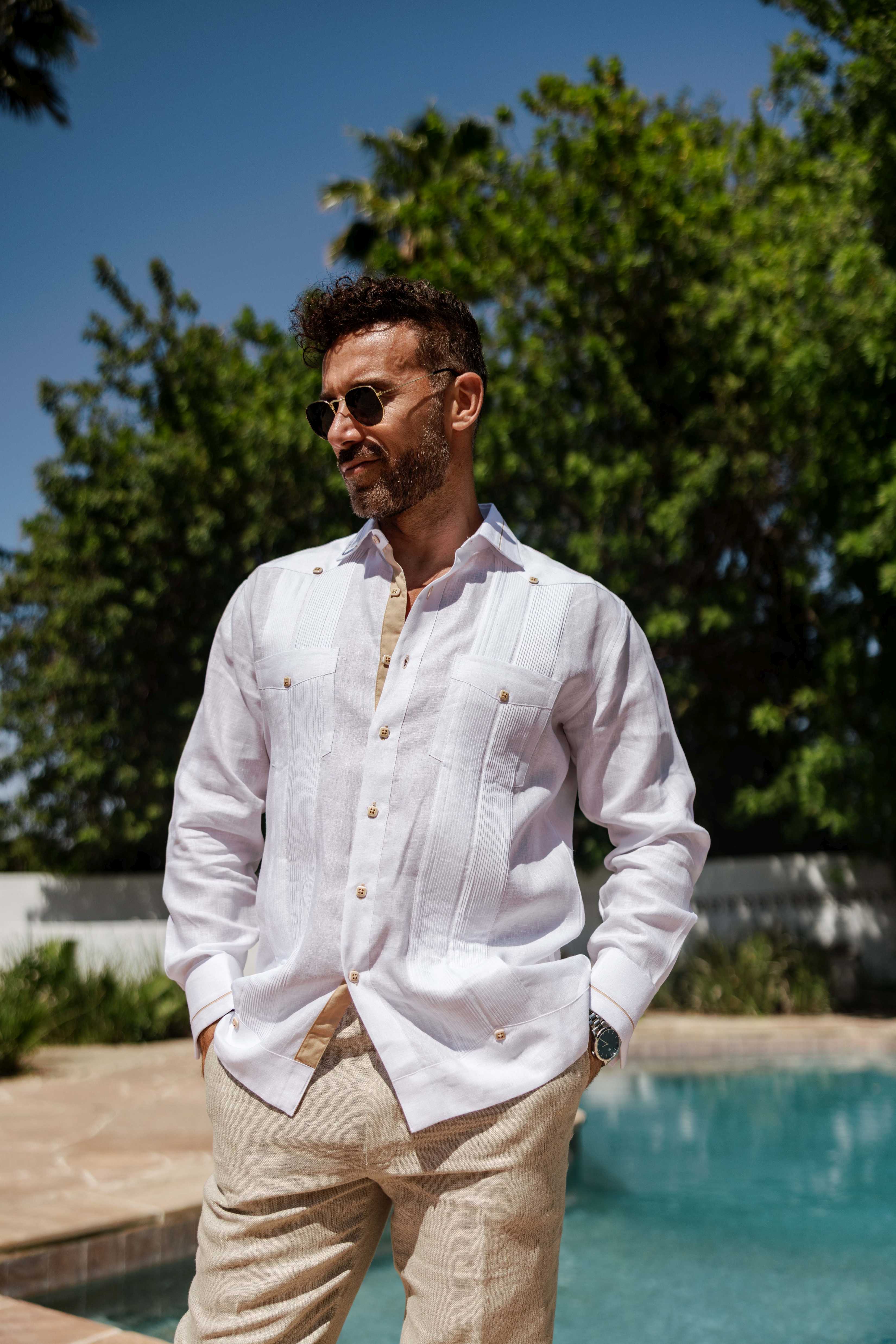 Men's 100% Linen Guayabera Shirt Long Sleeve - Contrast Vertical & Collar Accent Trim