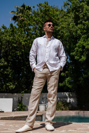 Men's 100% Linen Guayabera Shirt Long Sleeve - Contrast Vertical & Collar Accent Trim