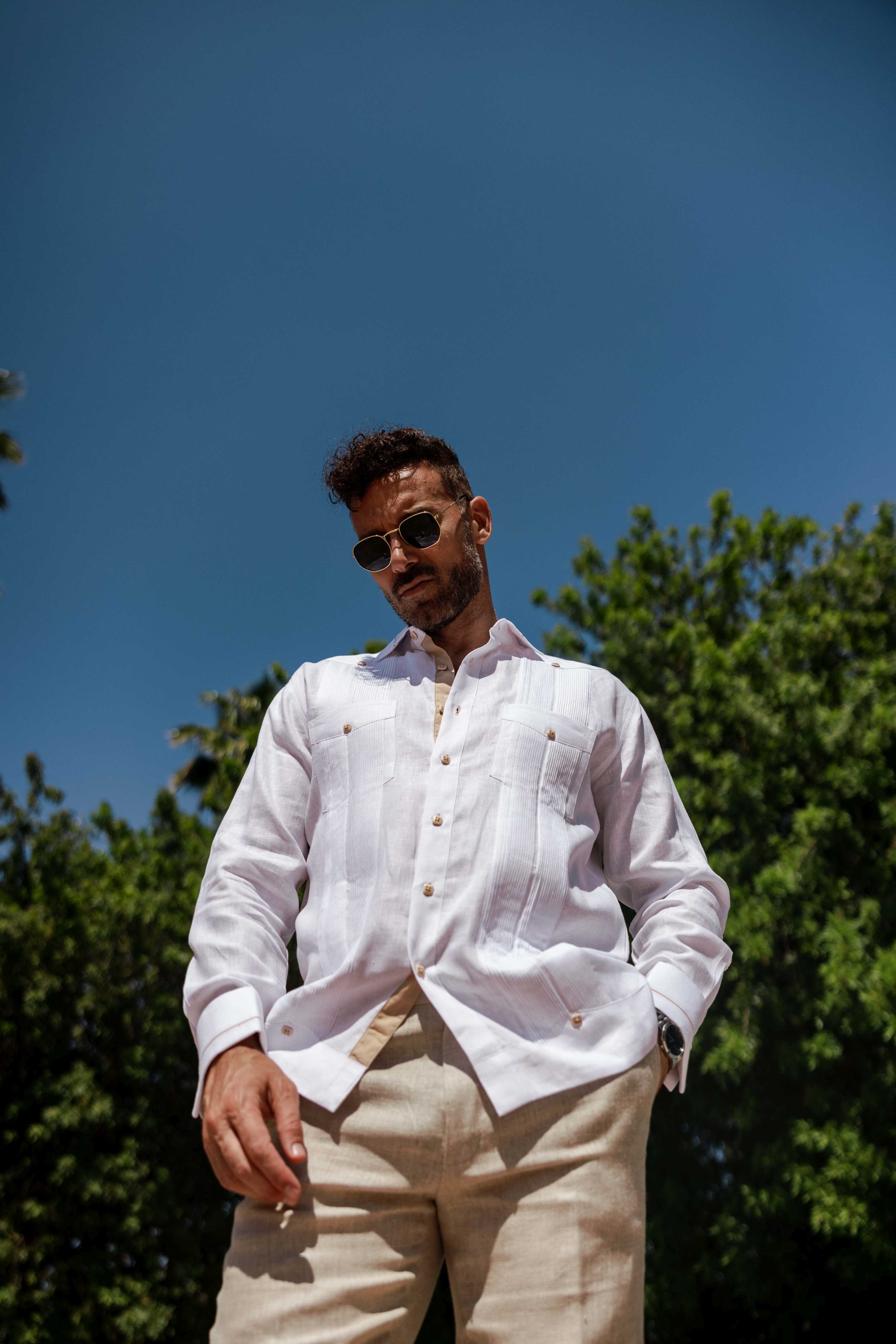 Men's 100% Linen Guayabera Shirt Long Sleeve - Contrast Vertical & Collar Accent Trim