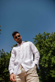 Men's 100% Linen Guayabera Shirt Long Sleeve - Contrast Vertical & Collar Accent Trim