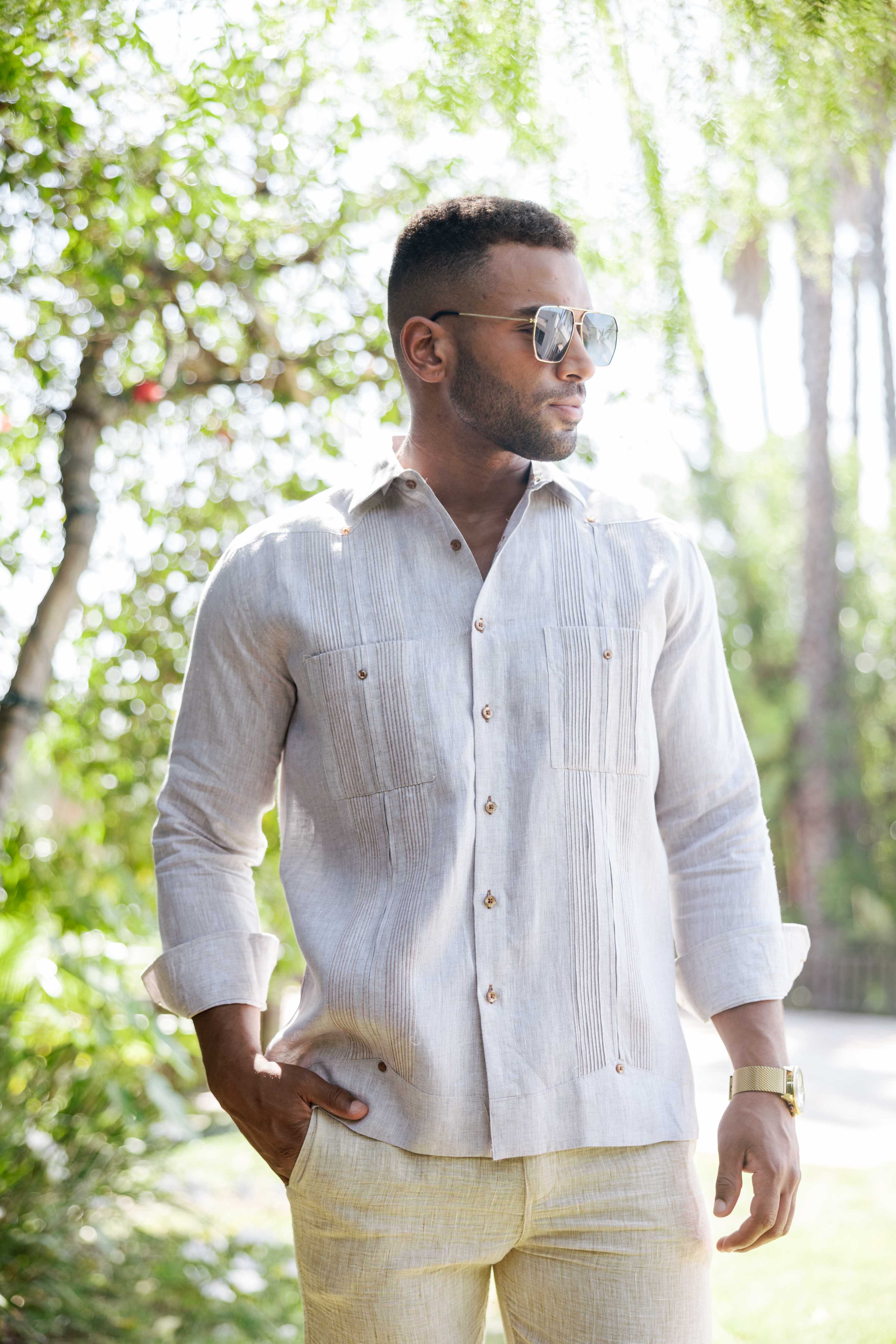 Men's 100% Linen Guayabera Shirt Long Sleeve - Heritage Pleats and Artisan Buttons