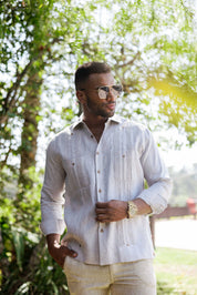 Men's 100% Linen Guayabera Shirt Long Sleeve - Heritage Pleats and Artisan Buttons