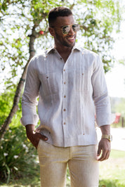 Men's 100% Linen Guayabera Shirt Long Sleeve - Heritage Pleats and Artisan Buttons