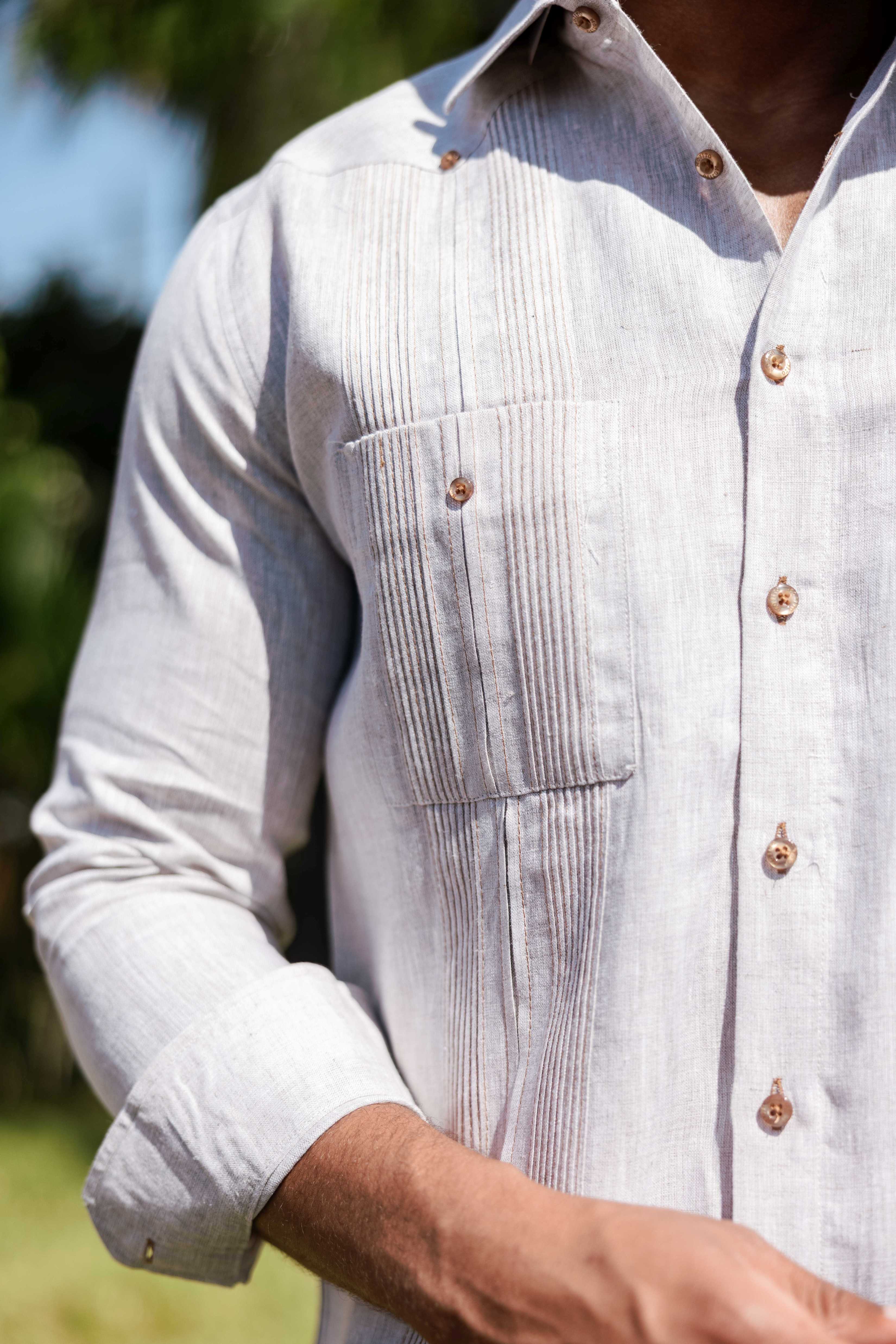 Men's 100% Linen Guayabera Shirt Long Sleeve - Heritage Pleats and Artisan Buttons