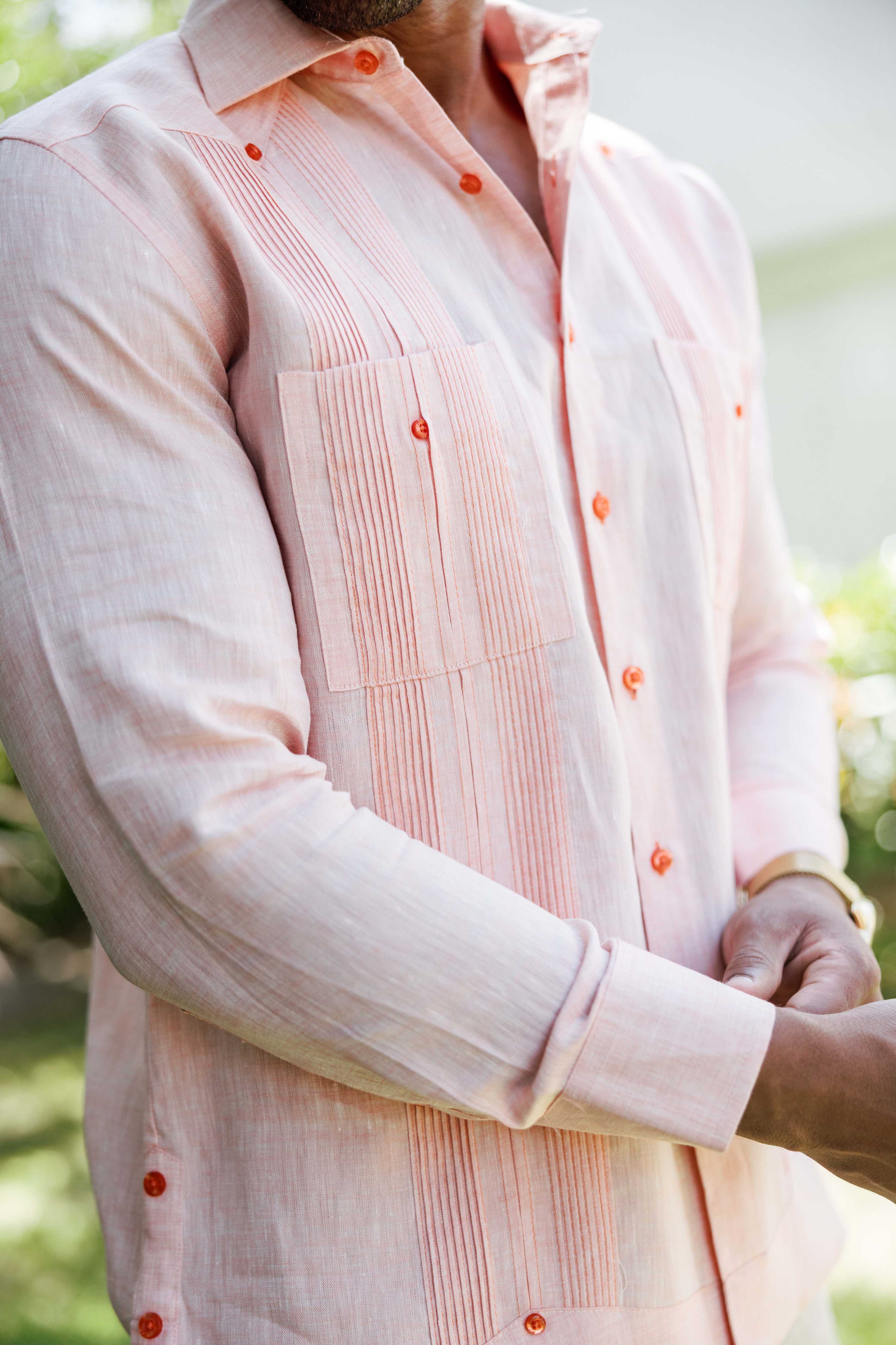 Men's 100% Linen Guayabera Shirt Long Sleeve - Heritage Pleats and Artisan Buttons