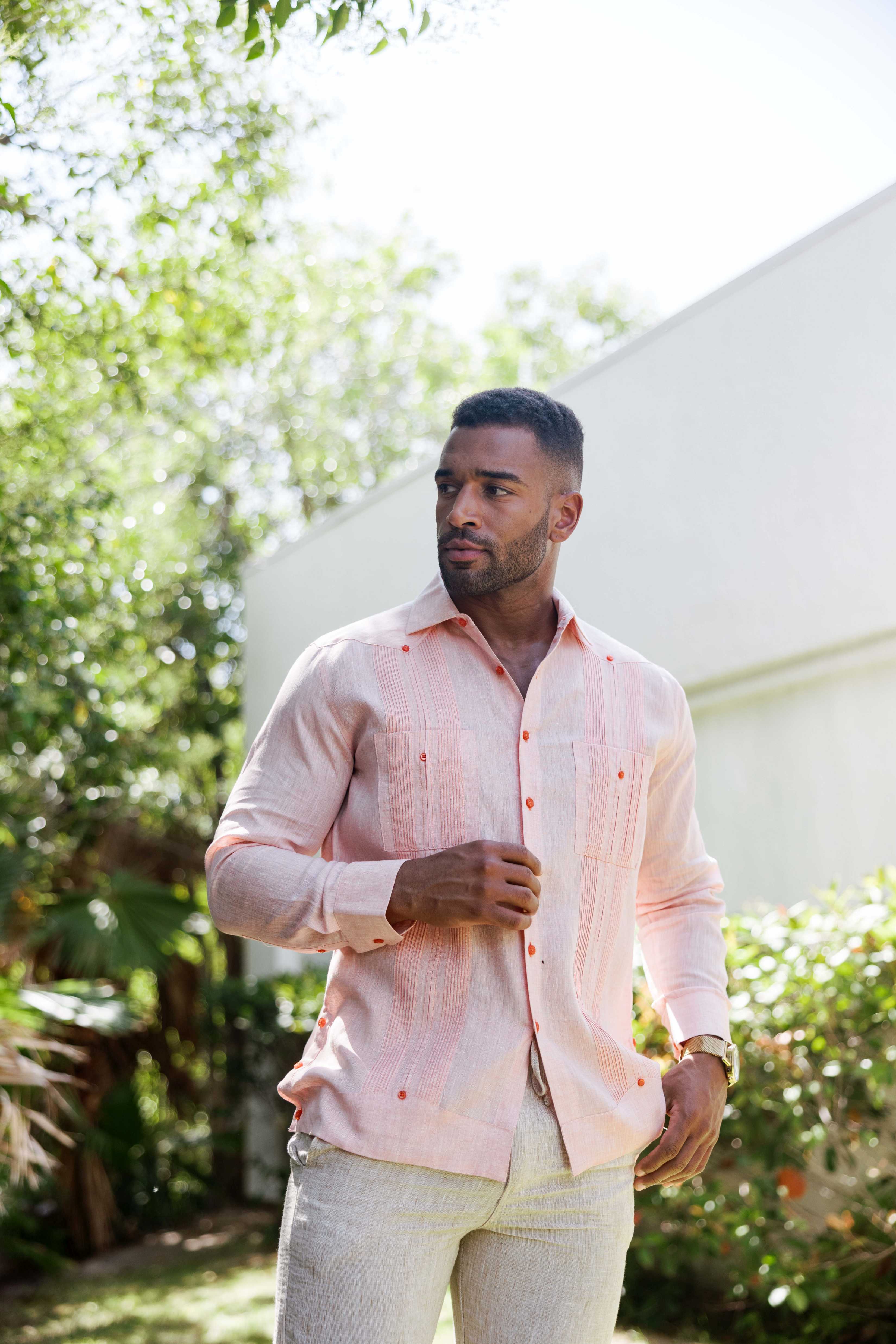 Men's 100% Linen Guayabera Shirt Long Sleeve - Heritage Pleats and Artisan Buttons