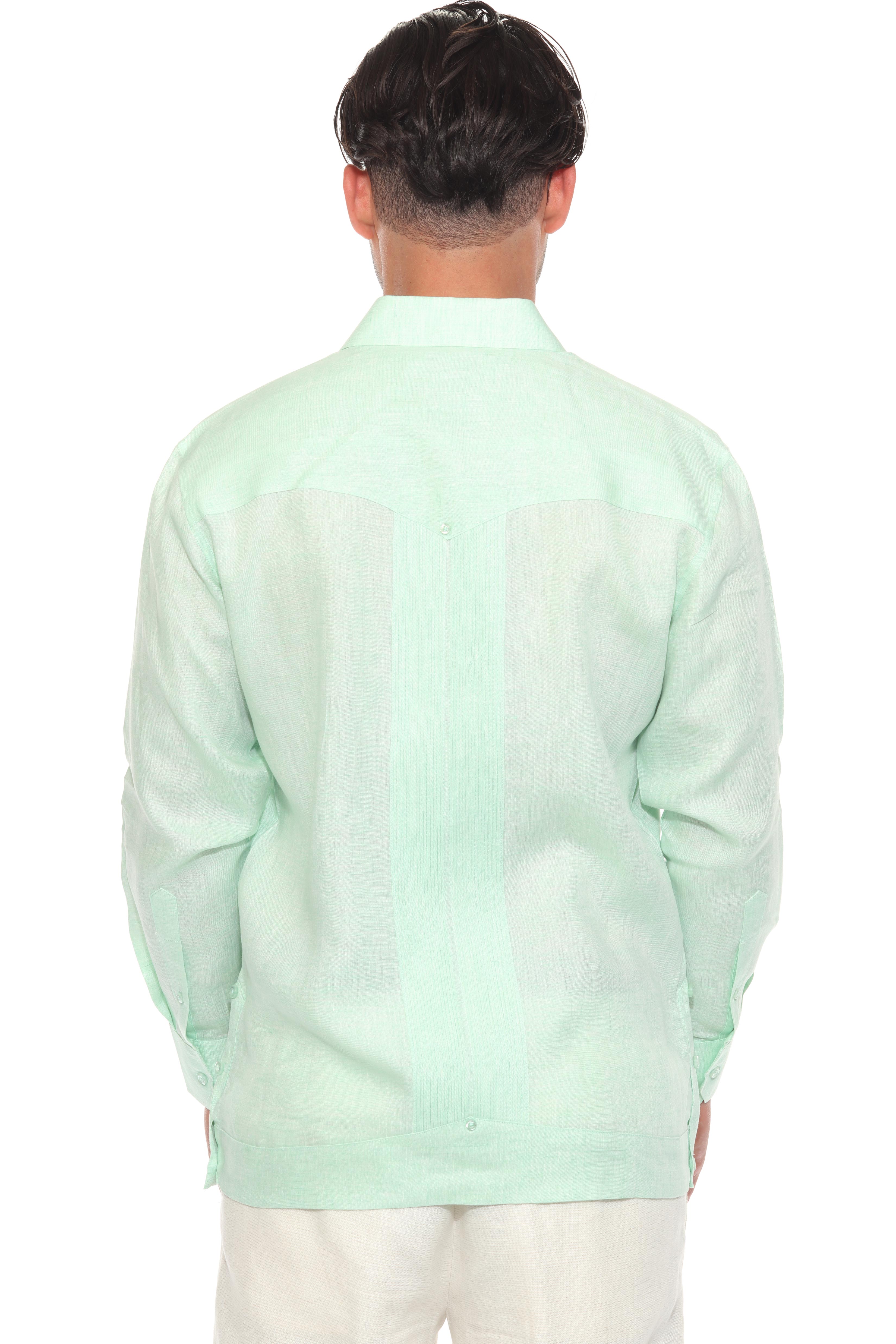 Men's 100% Linen Guayabera Shirt Long Sleeve - Geometric Embroidery