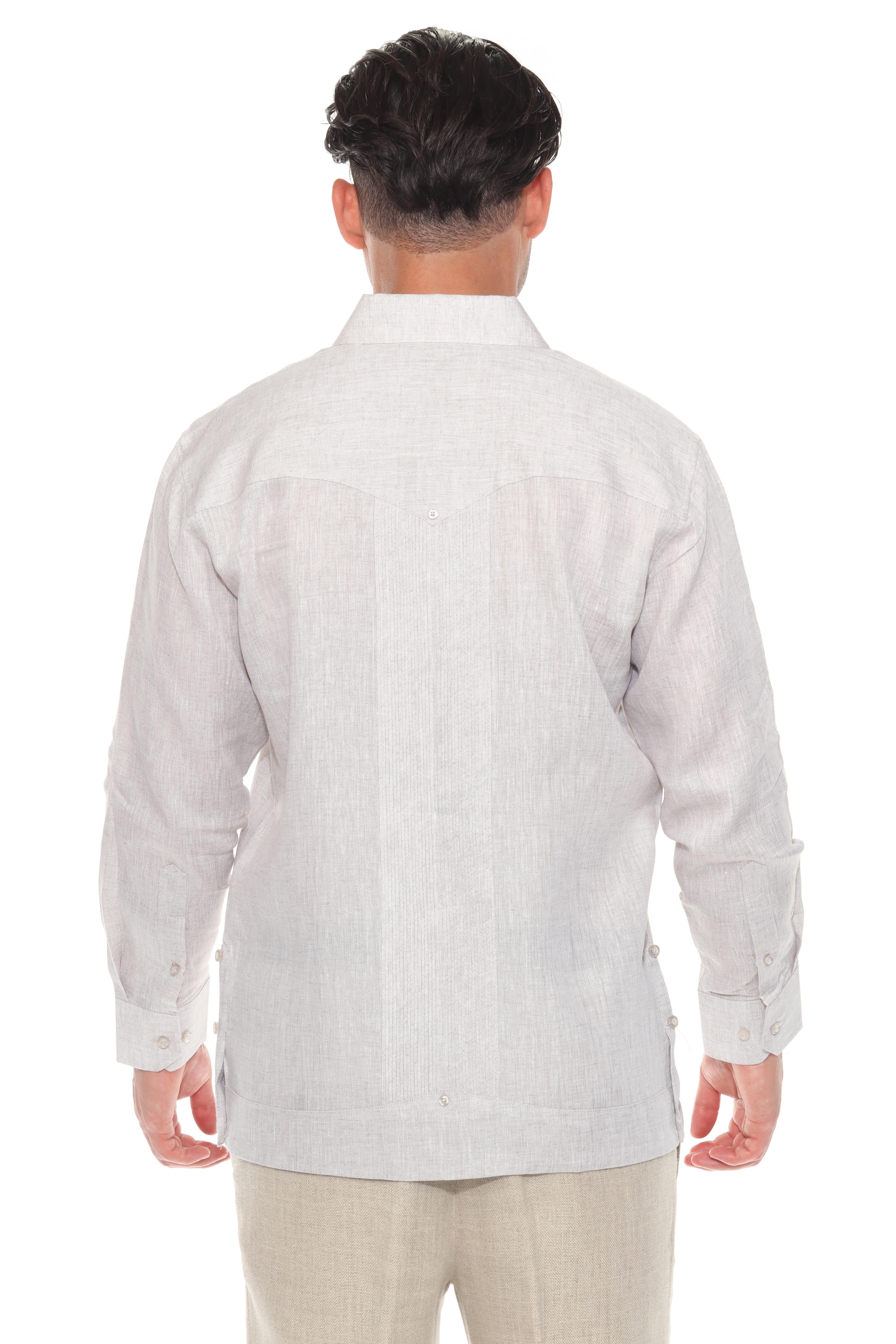Men's 100% Linen Guayabera Shirt Long Sleeve - Geometric Embroidery