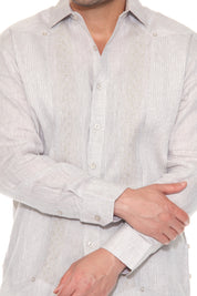 Men's 100% Linen Guayabera Shirt Long Sleeve - Geometric Embroidery