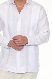 Men's 100% Linen Guayabera Shirt Long Sleeve - Geometric Embroidery