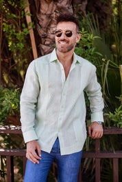 Men's 100% Linen Guayabera Shirt Long Sleeve - Geometric Embroidery