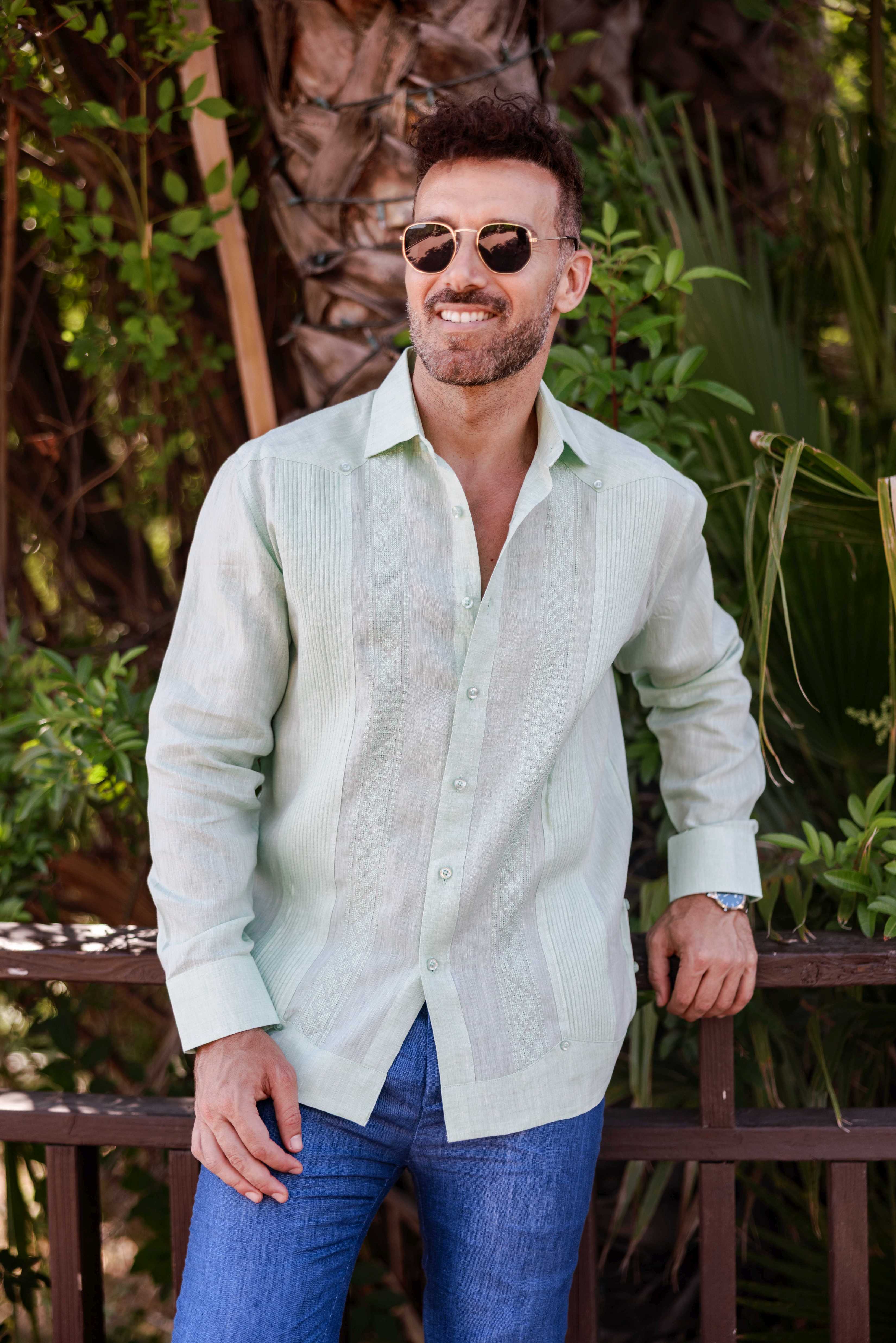 Men's 100% Linen Guayabera Shirt Long Sleeve - Geometric Embroidery