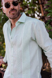 Men's 100% Linen Guayabera Shirt Long Sleeve - Geometric Embroidery