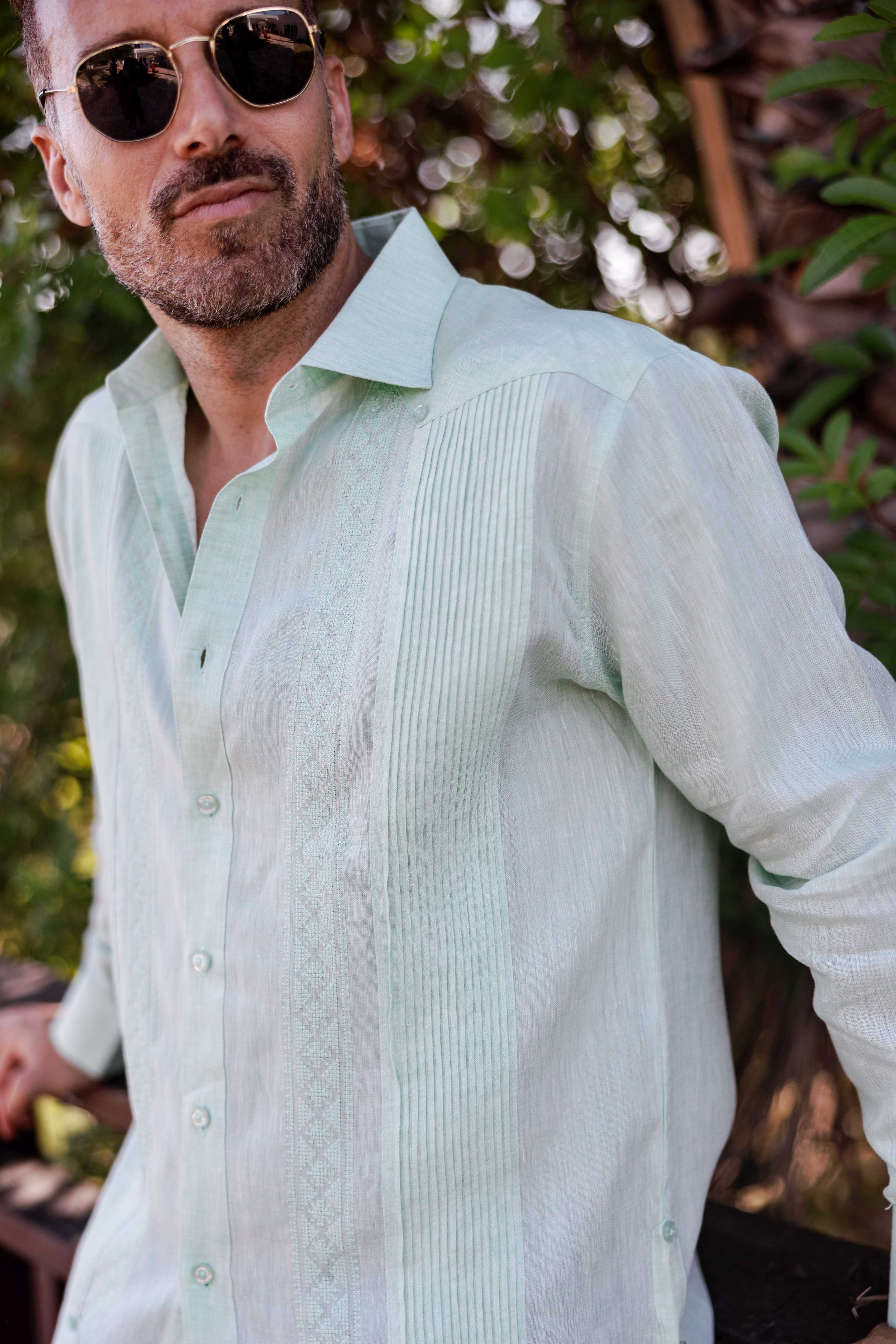 Men's 100% Linen Guayabera Shirt Long Sleeve - Geometric Embroidery