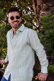 Men's 100% Linen Guayabera Shirt Long Sleeve - Geometric Embroidery