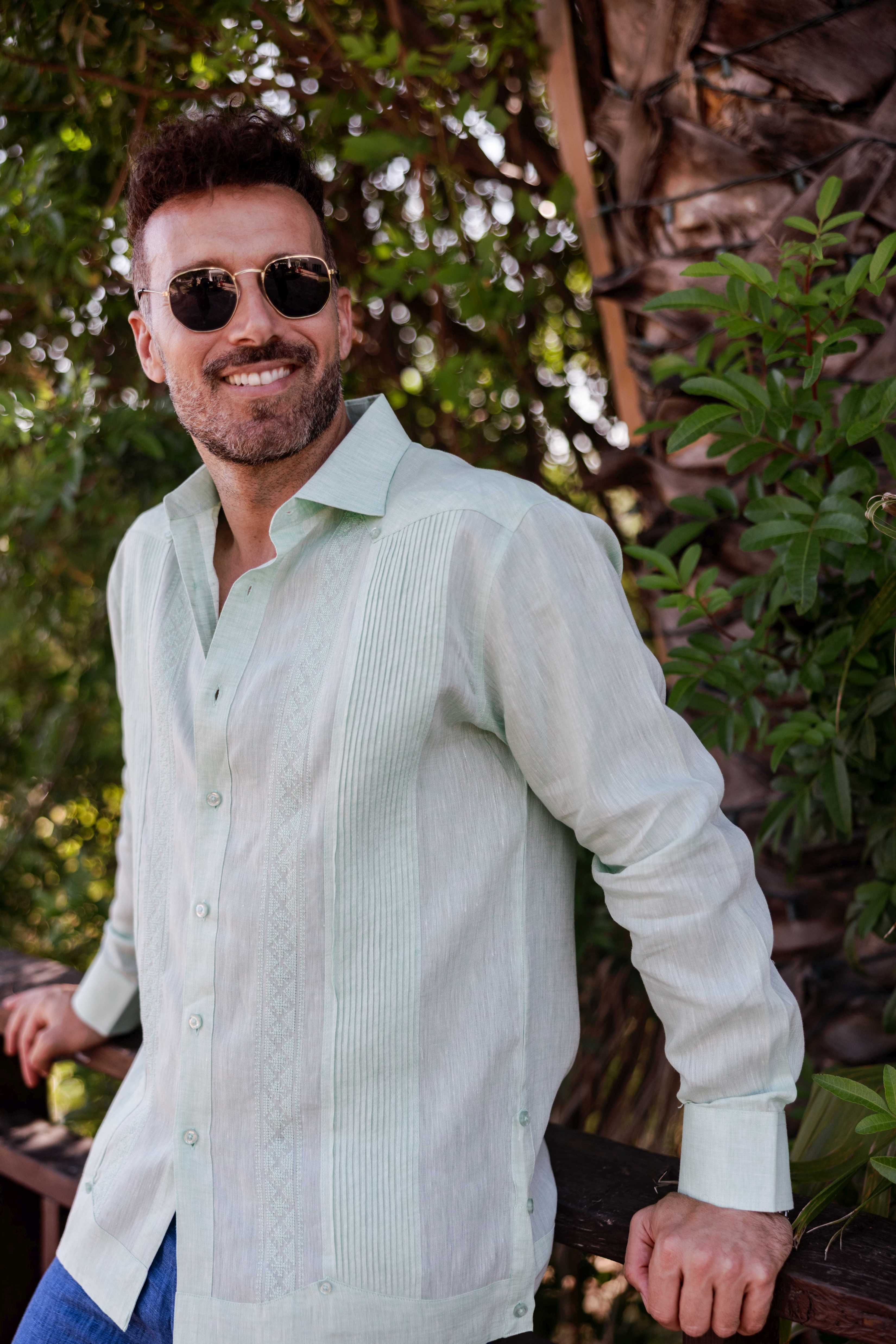 Men's 100% Linen Guayabera Shirt Long Sleeve - Geometric Embroidery