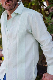 Men's 100% Linen Guayabera Shirt Long Sleeve - Geometric Embroidery