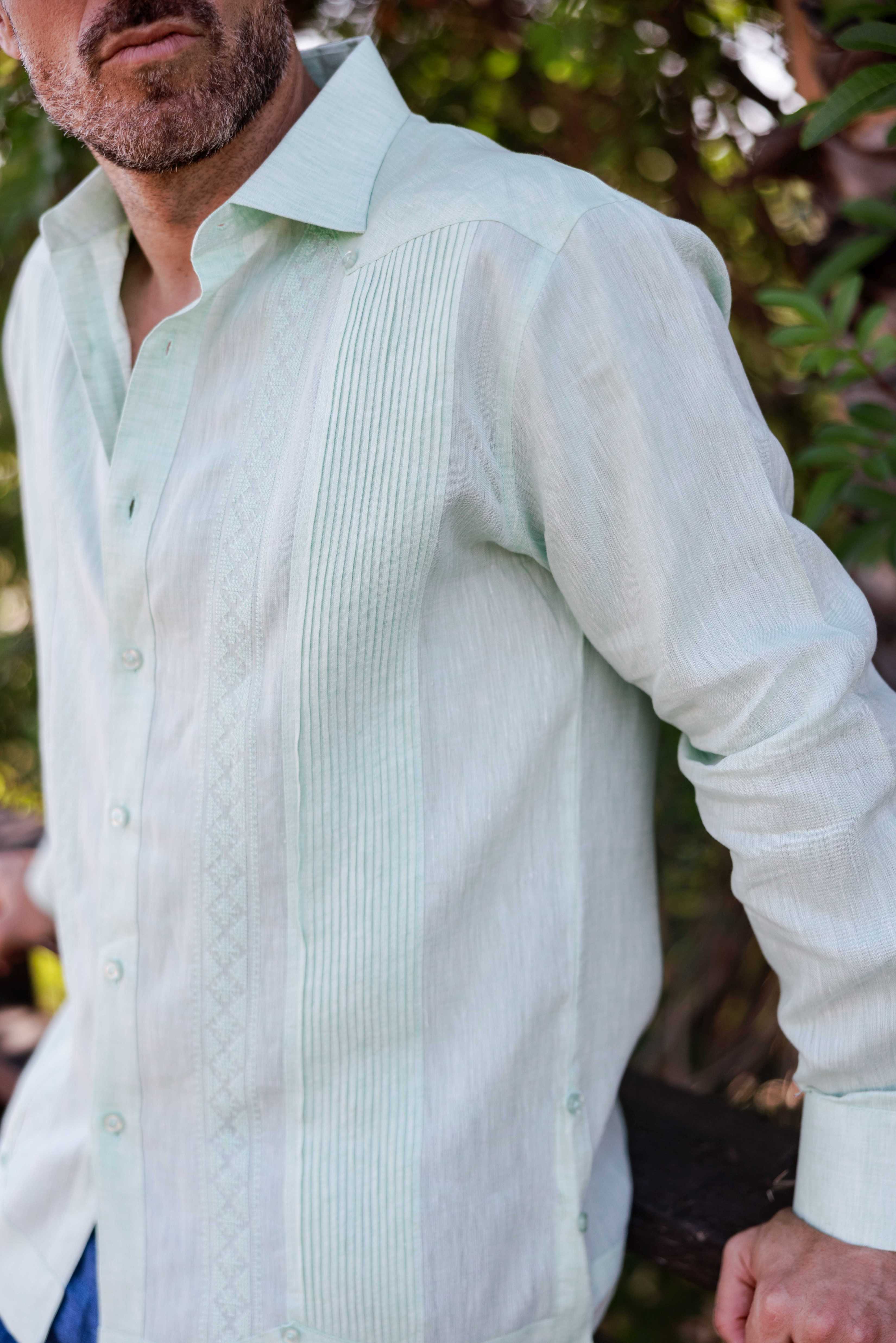 Men's 100% Linen Guayabera Shirt Long Sleeve - Geometric Embroidery