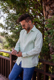 Men's 100% Linen Guayabera Shirt Long Sleeve - Geometric Embroidery