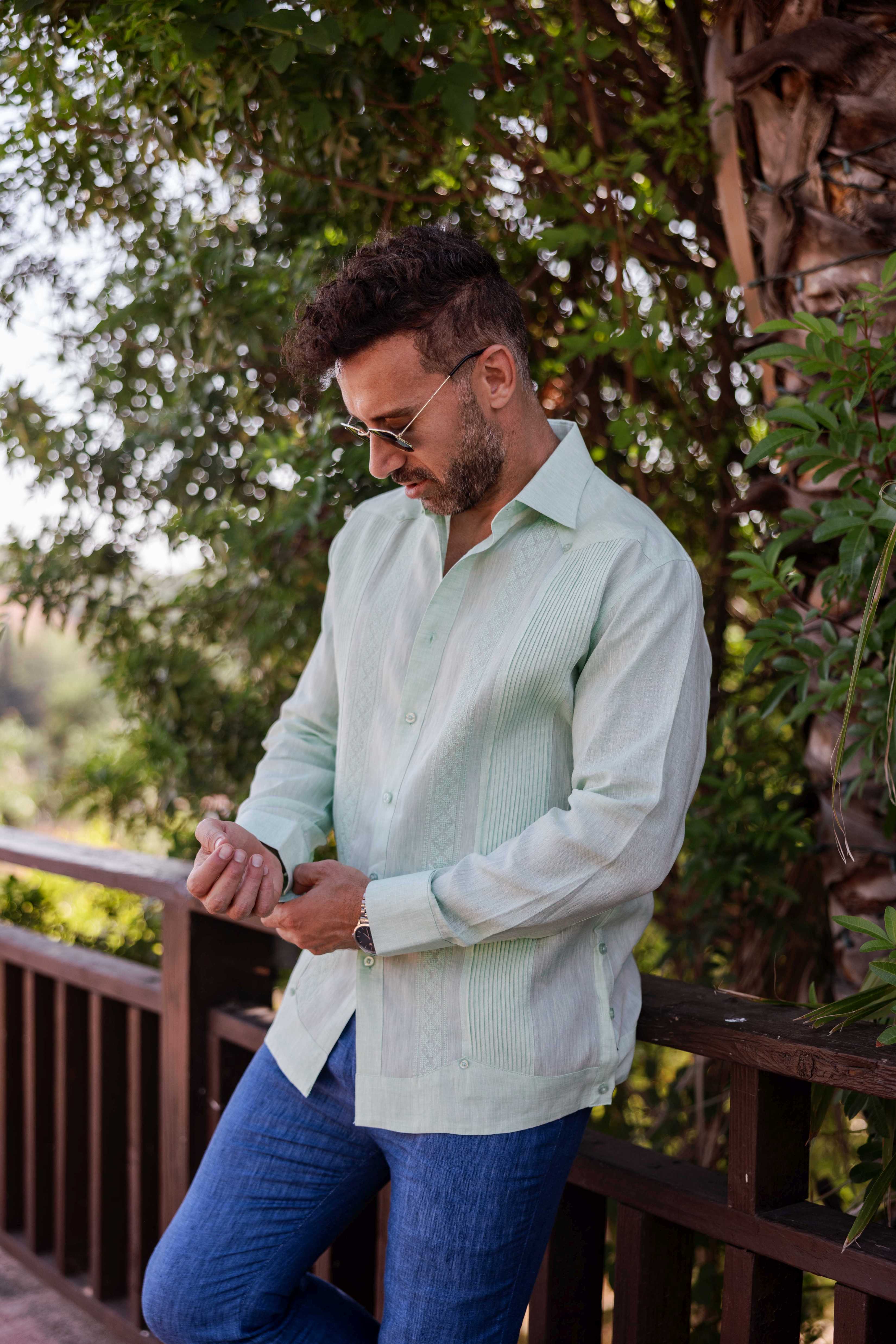 Men's 100% Linen Guayabera Shirt Long Sleeve - Geometric Embroidery