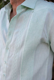 Men's 100% Linen Guayabera Shirt Long Sleeve - Geometric Embroidery