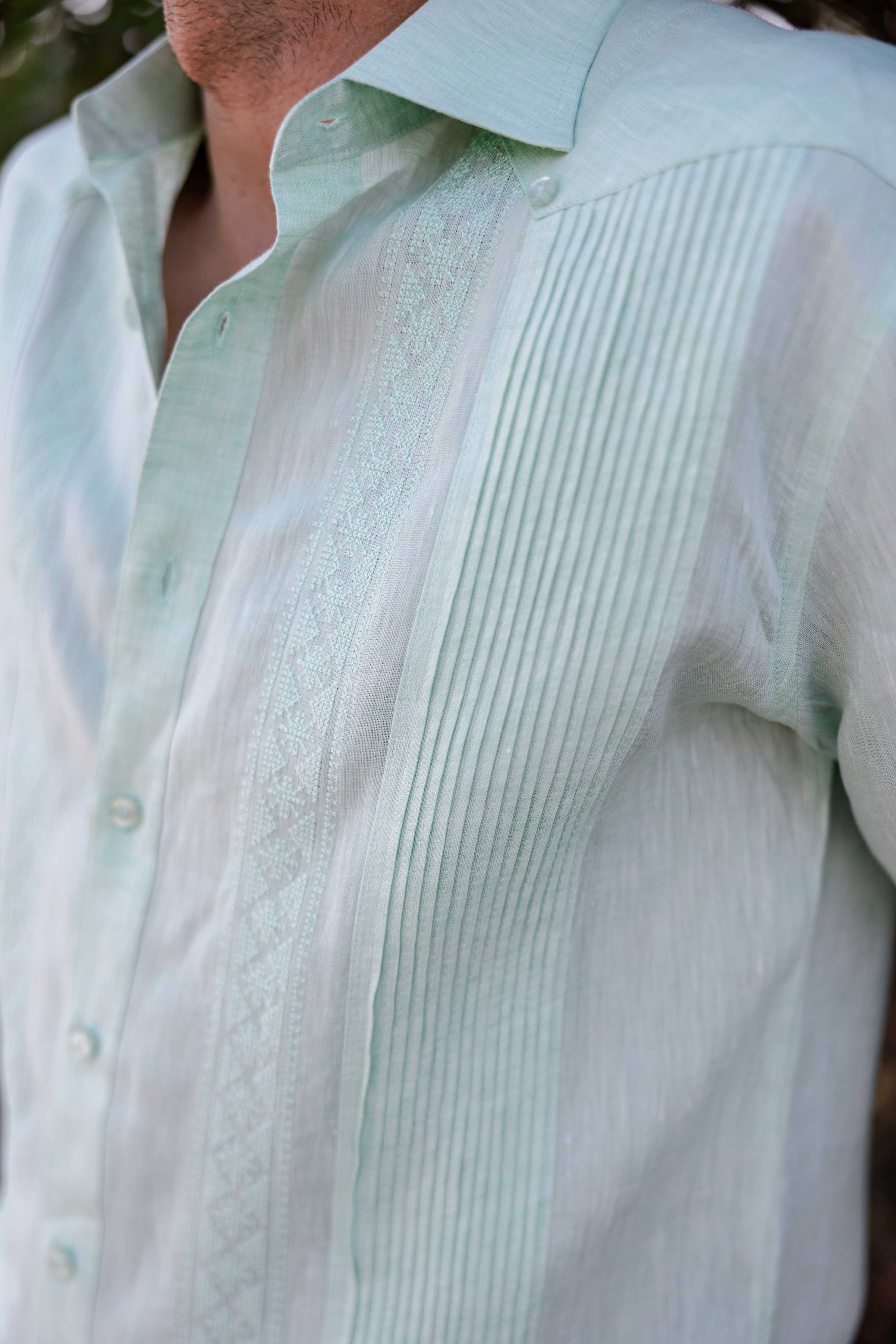 Men's 100% Linen Guayabera Shirt Long Sleeve - Geometric Embroidery