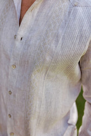 Men's 100% Linen Guayabera Shirt Long Sleeve - Geometric Embroidery