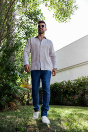 Men's 100% Linen Guayabera Shirt Long Sleeve - Geometric Embroidery