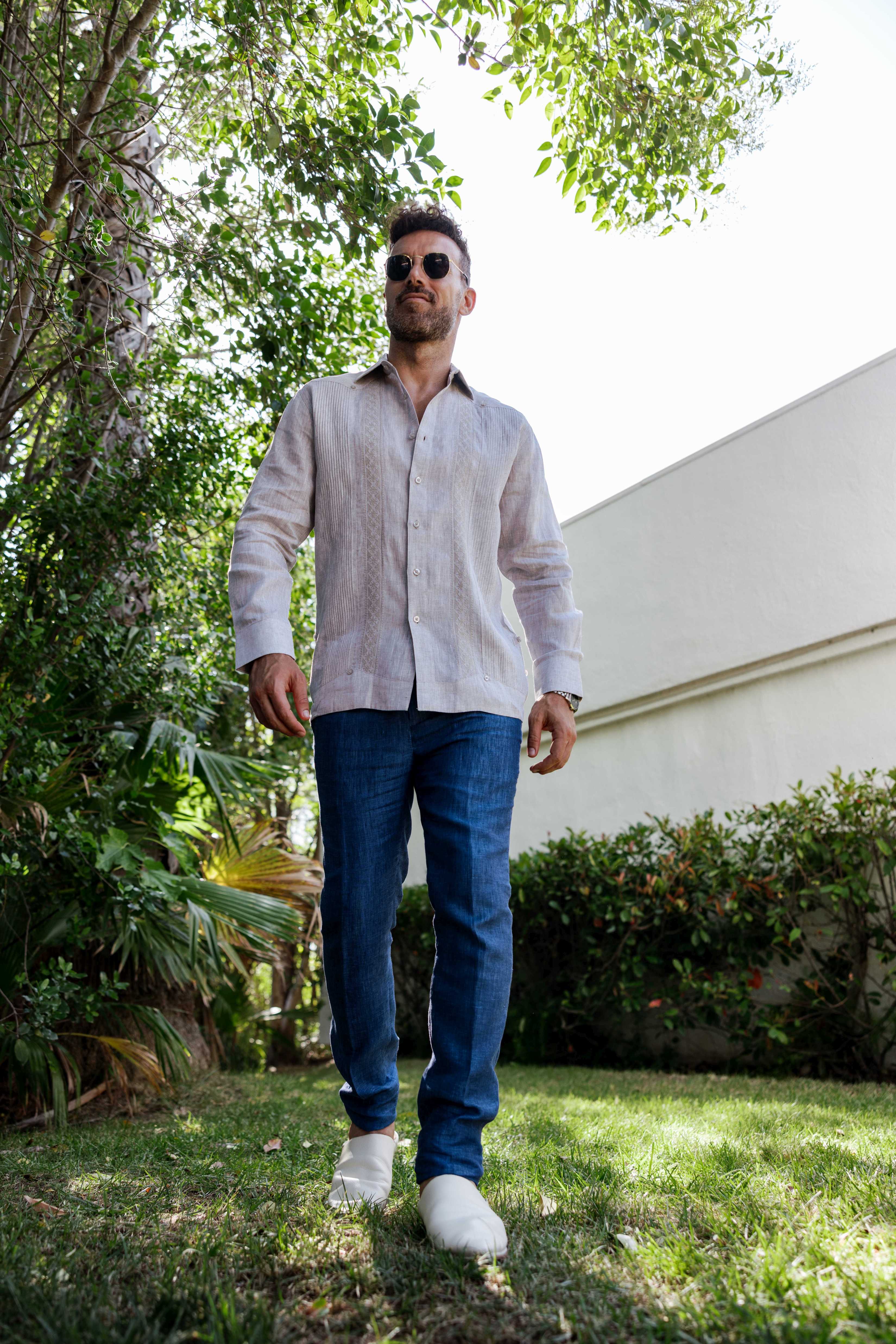 Men's 100% Linen Guayabera Shirt Long Sleeve - Geometric Embroidery