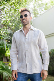 Men's 100% Linen Guayabera Shirt Long Sleeve - Geometric Embroidery