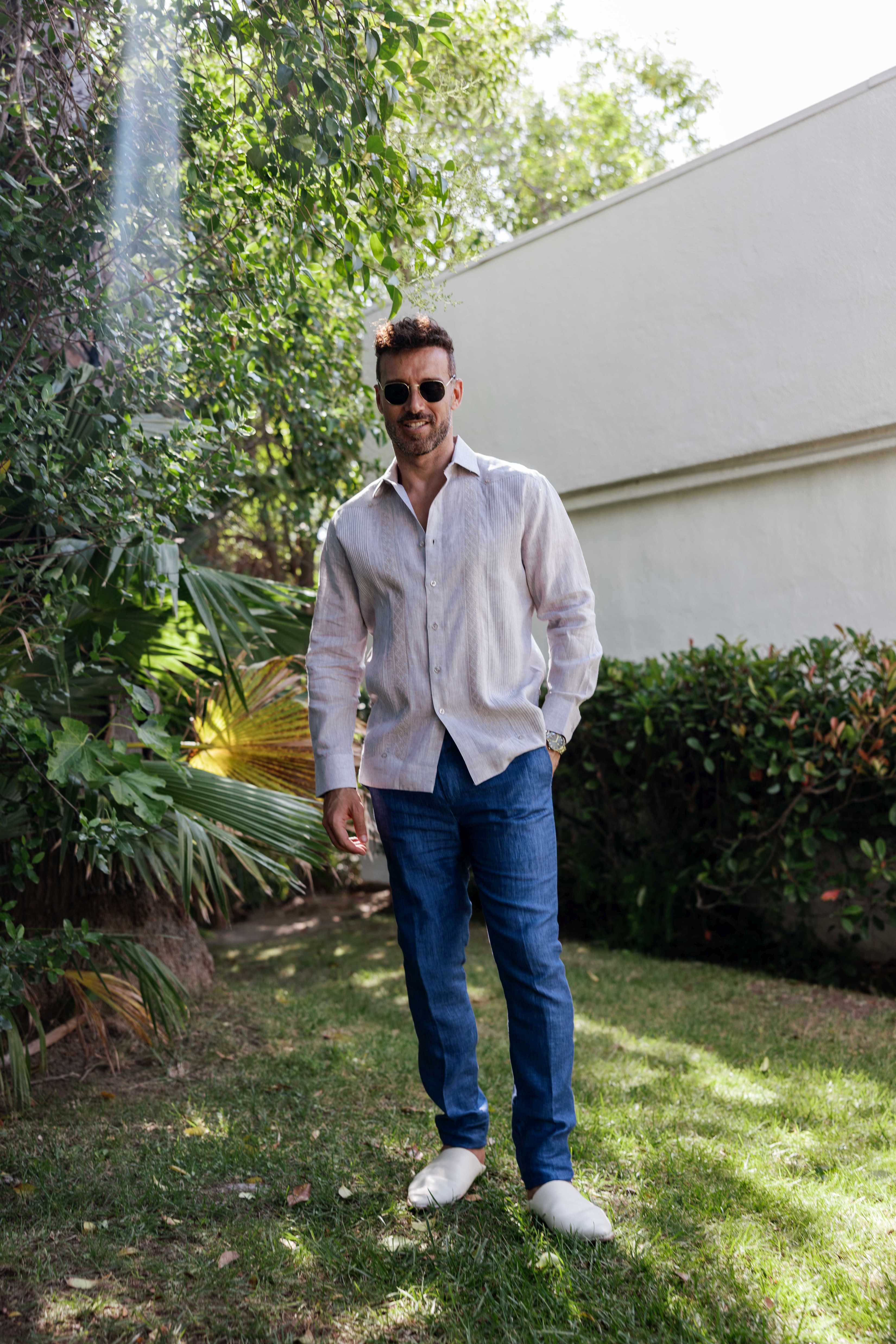 Men's 100% Linen Guayabera Shirt Long Sleeve - Geometric Embroidery