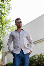 Men's 100% Linen Guayabera Shirt Long Sleeve - Geometric Embroidery