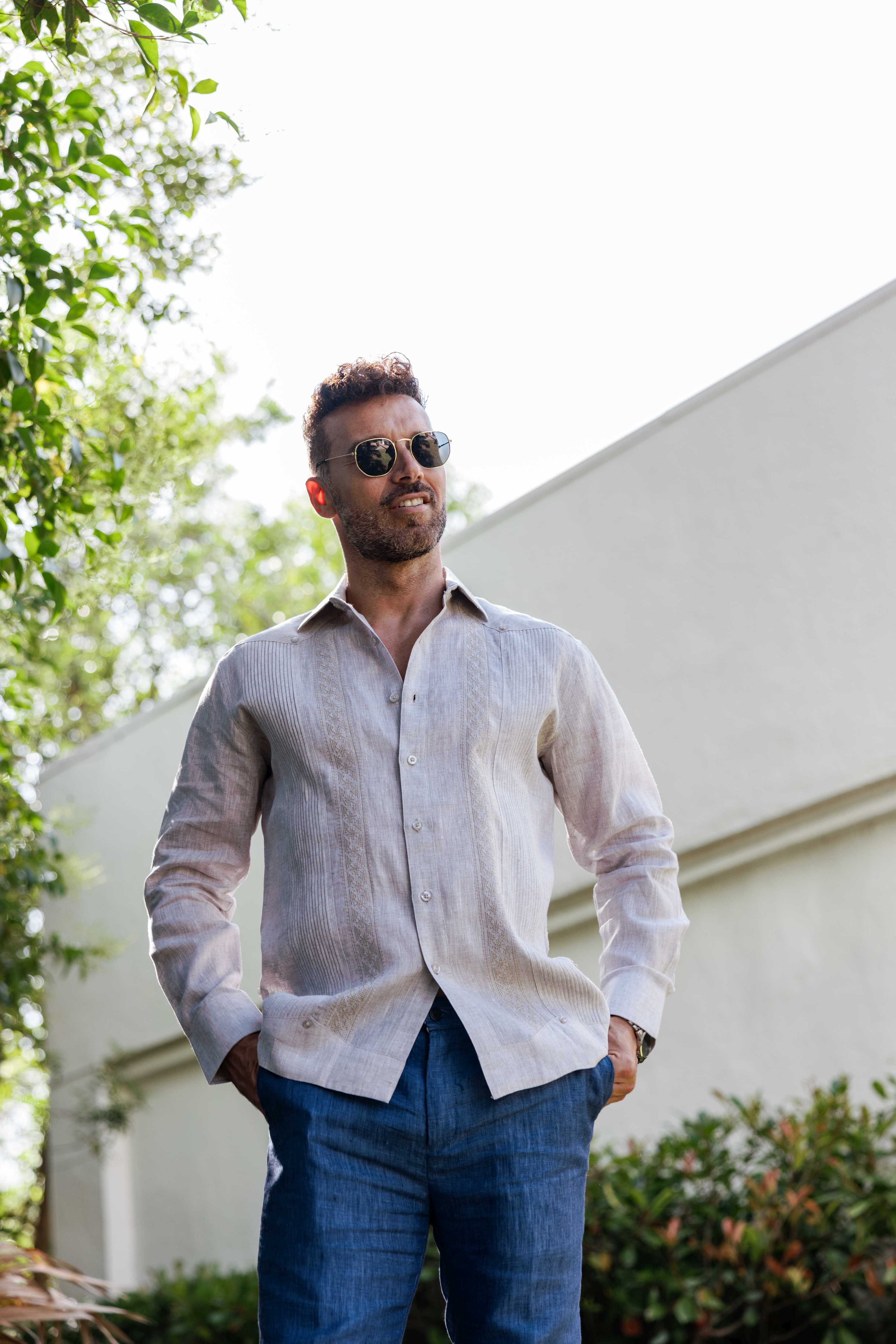 Men's 100% Linen Guayabera Shirt Long Sleeve - Geometric Embroidery