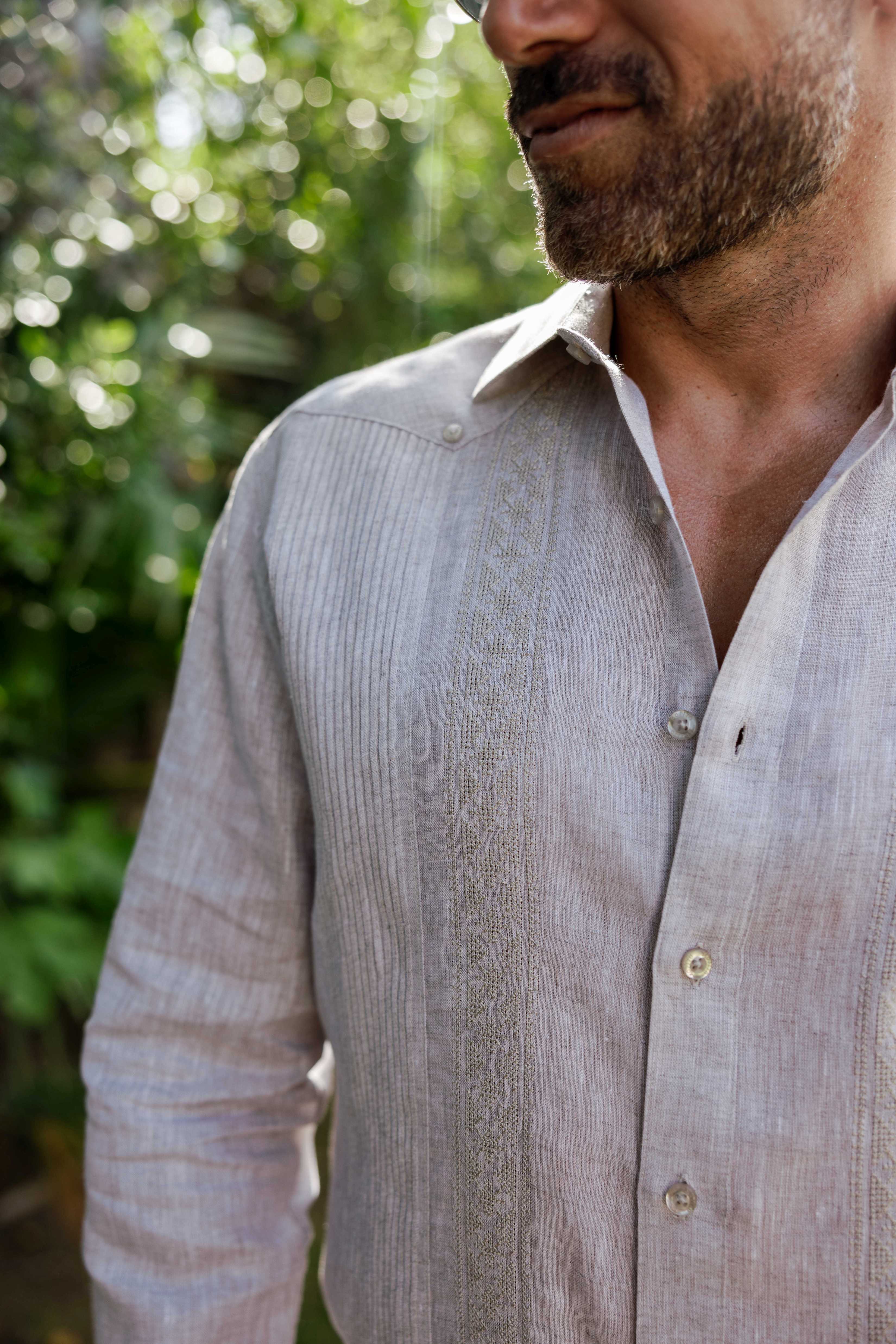 Men's 100% Linen Guayabera Shirt Long Sleeve - Geometric Embroidery