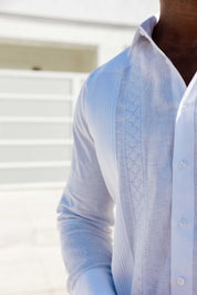 Men's 100% Linen Guayabera Shirt Long Sleeve - Geometric Embroidery