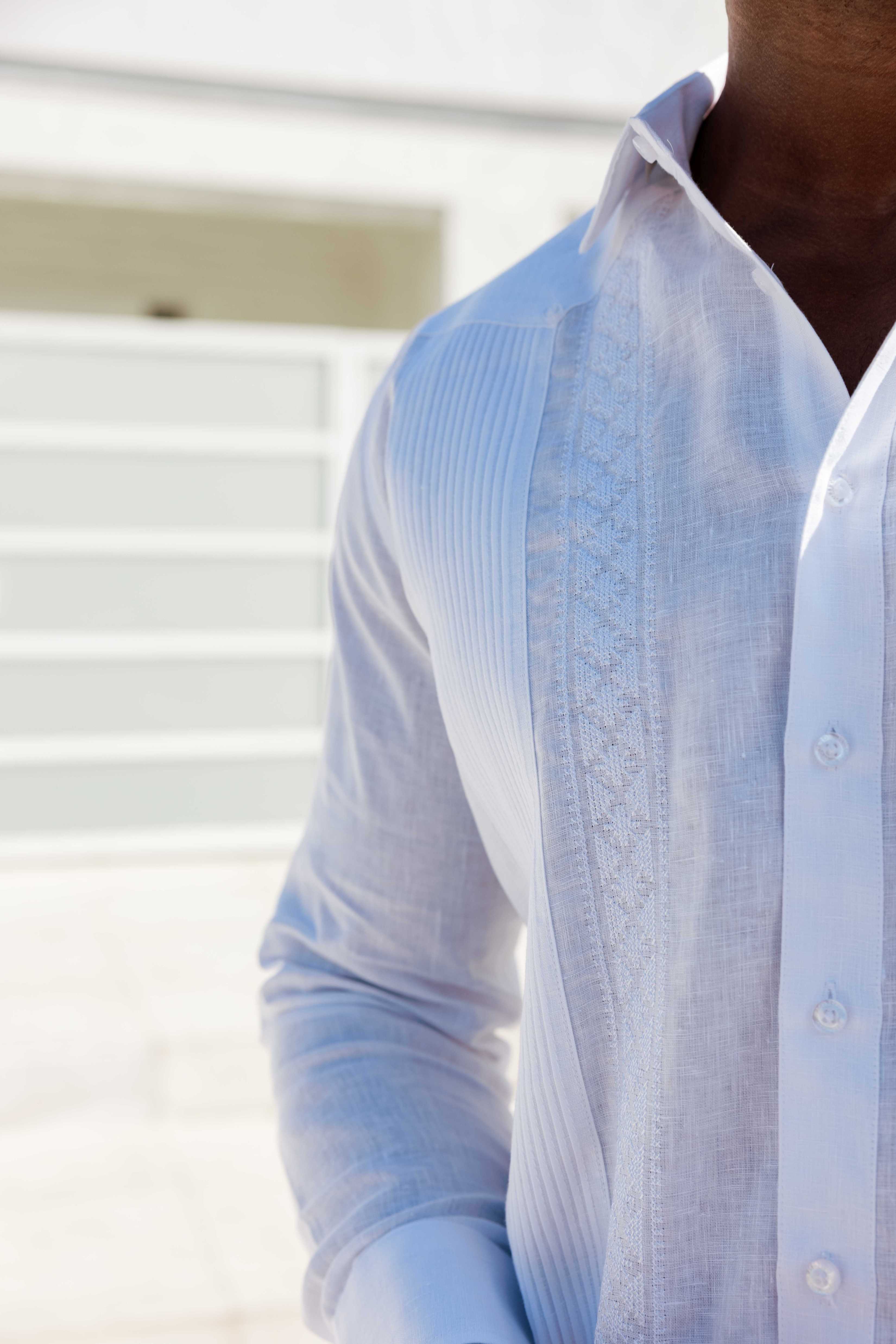 Men's 100% Linen Guayabera Shirt Long Sleeve - Geometric Embroidery
