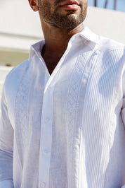 Men's 100% Linen Guayabera Shirt Long Sleeve - Geometric Embroidery